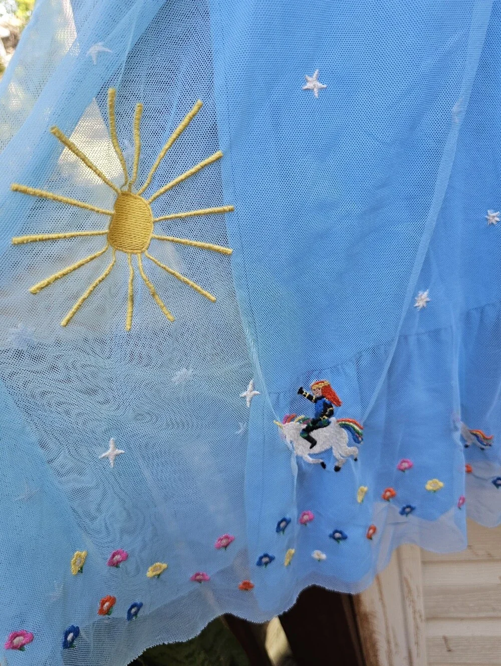 Tulle Embroidered Princess Dress Blue Girls Sz 6/7 Knight Unicorn Stars Flowing